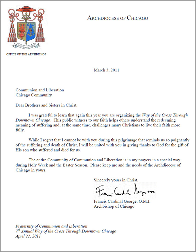 The letter by Archbishop of Chicago Cardinal Francis George, Chicago Way of the Cross 2011