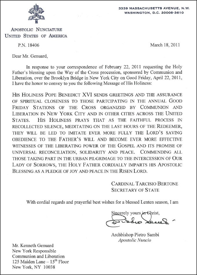 The blessing by His Holiness Pope Benedict XVI to the Ways of the Cross in Chicago